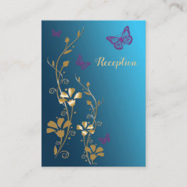 Blauwgroen Goud Paarse Bloemen Vlinders Trouwentek Informatiekaartje