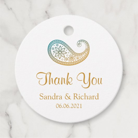 Blauwgroen & Goud Paisley Indiase bruiloft Dank u Bedankjes Labels (Voorkant)