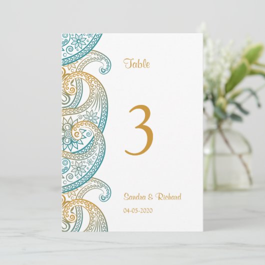 Blauwgroen & Goud Paisley Indiase Trouwtafel Numme Kaart (Staand voorkant)