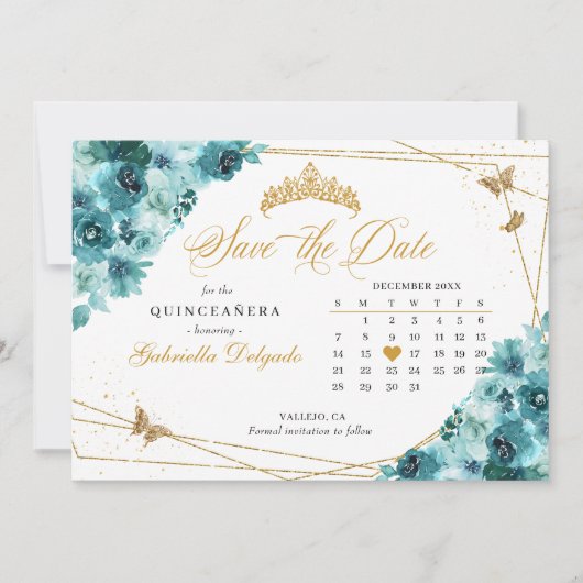 Blauwgroen & Goud Quinceañera Save The Date Kaart (Voorkant)
