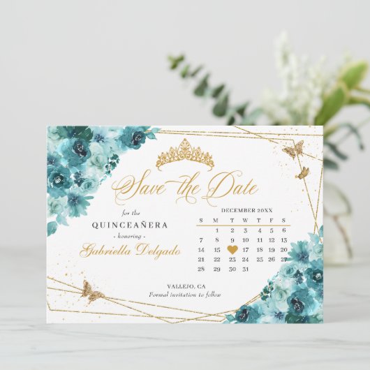 Blauwgroen & Goud Quinceañera Save The Date Kaart (Staand voorkant)