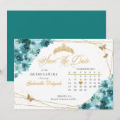 Blauwgroen & Goud Quinceañera Save The Date Kaart (Voorkant / Achterkant)