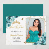 Blauwgroen & Goud Quinceañera Sla de datum Foto Kaart (Voorkant / Achterkant)