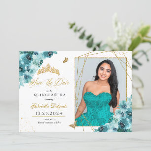 Blauwgroen & Goud Quinceañera Sla de datum Foto Kaart