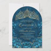 Blauwgroen Goud Royal Crown Floral Quinceanera Inv Kaart (Voorkant)