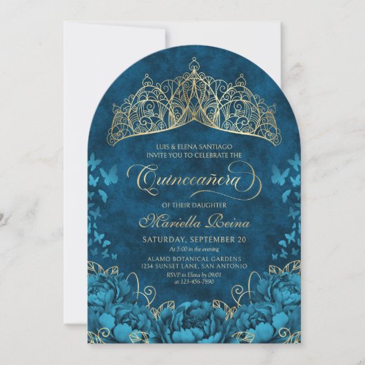 Blauwgroen Goud Royal Crown Floral Quinceanera Inv Kaart (Voorkant)