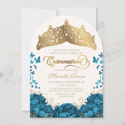 Blauwgroen Goud Royal Crown Floral Quinceanera Kaart (Voorkant)