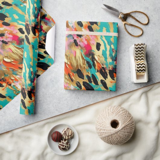 Blauwgroen goud Roze Leopard Paint Cadeaupapier (Crafts)