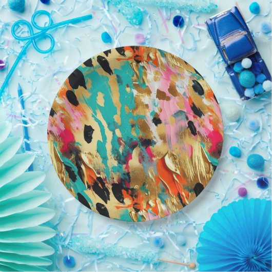 Blauwgroen goud Roze Leopard Paint Papieren Bordje (Feest)