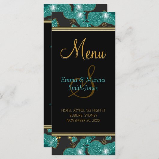 Blauwgroen Goud Sparkly Coral Beach Nacht Bruiloft Menu (Voorkant / Achterkant)