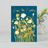 Blauwgroen & Goud Wild Poppy Waterverf Verjaardag Folie Feestdagenkaart (Staand Voorkant)