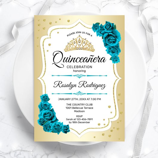 Blauwgroen Goud Wit Elegant Quinceanera Kaart