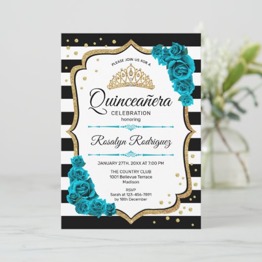 Blauwgroen Goud Wit Quinceanera Kaart (Staand voorkant)