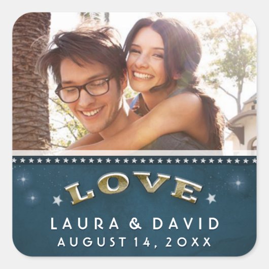 Blauwgroen Goud & Witte Sterren Liefde FOTO Bruilo Vierkante Sticker (Voorkant)