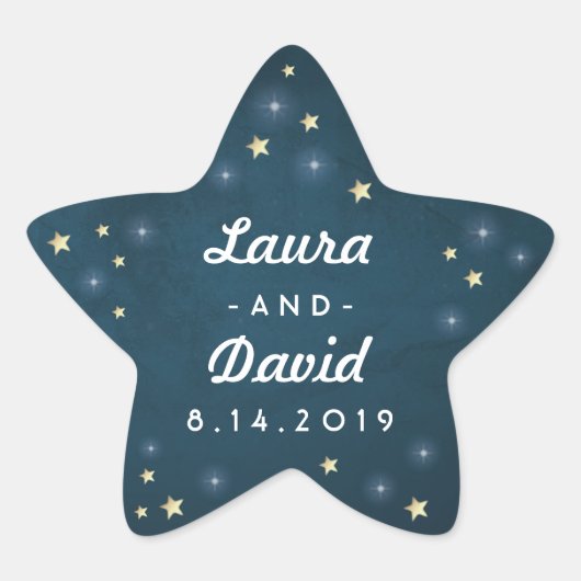 Blauwgroen Goud & Witte Sterren Trouwnamen & Datum Ster Sticker (Voorkant)