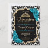 Blauwgroen Goud Zwart Damast Elegant Quinceanera Kaart (Voorkant)