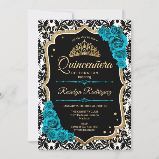 Blauwgroen Goud Zwart Damast Elegant Quinceanera Kaart (Voorkant)