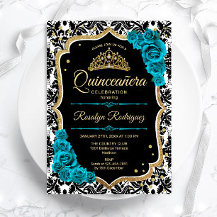 Blauwgroen Goud Zwart Damast Elegant Quinceanera Kaart