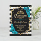 Blauwgroen Goud Zwart Elegant Quinceanera Kaart (Staand voorkant)