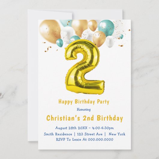 Blauwgroen goudballonnen 2e verjaardag Uitnodiging (Voorkant)