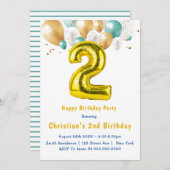 Blauwgroen goudballonnen 2e verjaardag Uitnodiging (Voorkant / Achterkant)