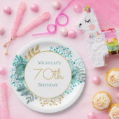 Blauwgroen goudbloem 70e verjaardag papieren bordje (Feest)