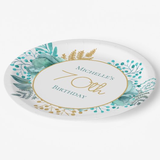 Blauwgroen goudbloem 70e verjaardag papieren bordje (Gekanteld)