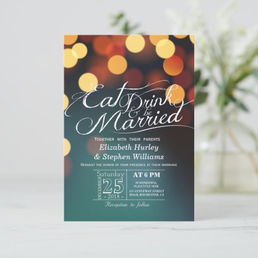 Blauwgroen goudbokeh lichte EAT-Drink wordt gehuwd Kaart (Staand voorkant)