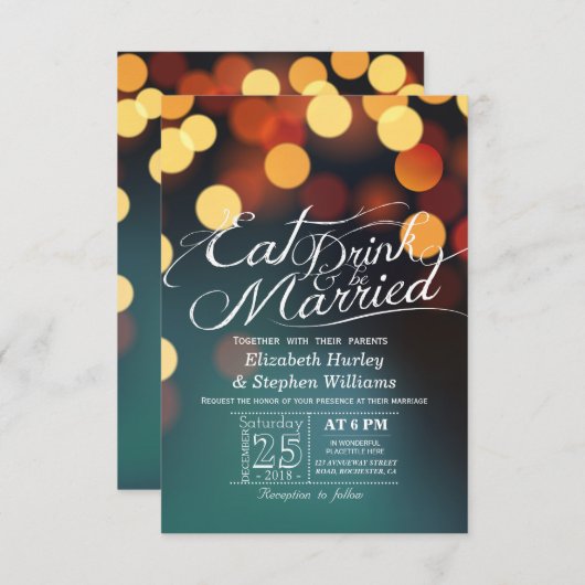 Blauwgroen goudbokeh lichte EAT-Drink wordt gehuwd Kaart (Voorkant / Achterkant)