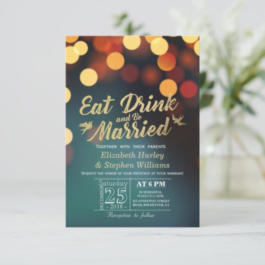 Blauwgroen goudbokeh lichte EAT-Drink wordt gehuwd Kaart (Staand voorkant)