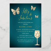 Blauwgroen goudchampagne 50 en feestdag folie uitnodiging (Voorkant)