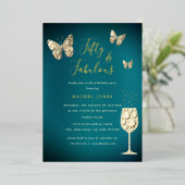 Blauwgroen goudchampagne 50 en feestdag folie uitnodiging (Staand Voorkant)