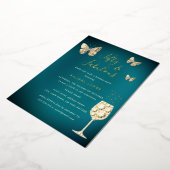 Blauwgroen goudchampagne 50 en feestdag folie uitnodiging (Gedraaid)