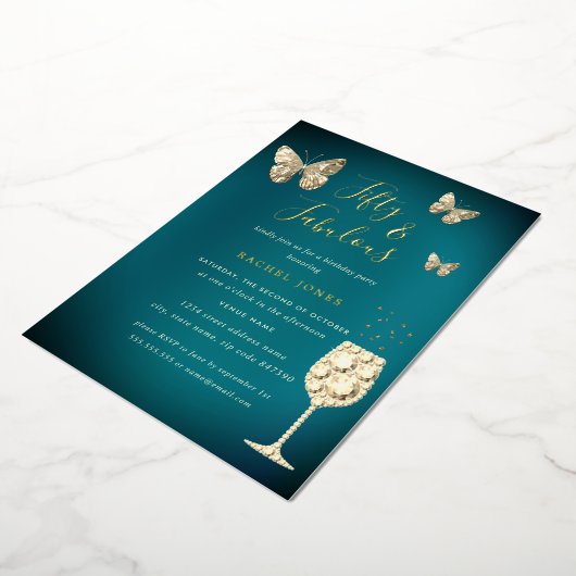 Blauwgroen goudchampagne 50 en feestdag folie uitnodiging (Gedraaid)