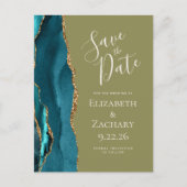 Blauwgroen Gouden Agaat Olijf Groen Bruiloft Save  Aankondigingskaart (Voorkant)
