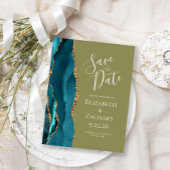 Blauwgroen Gouden Agaat Olijf Groen Bruiloft Save  Aankondigingskaart