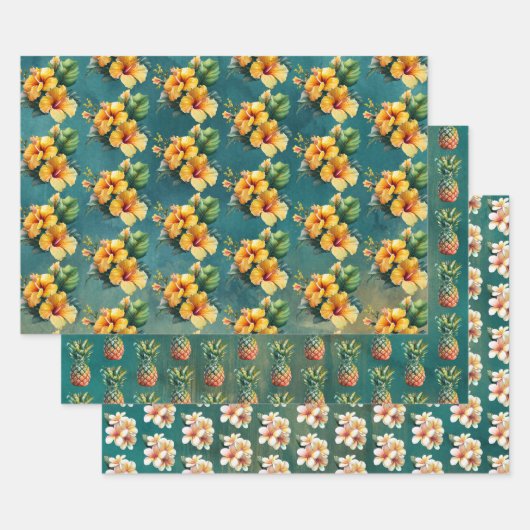 Blauwgroen gouden anananas Hibiscus Tropische bloe Inpakpapier Vel (Set)