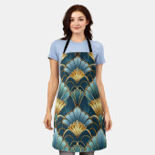 Blauwgroen gouden art deco patroon schort (Gedragen)