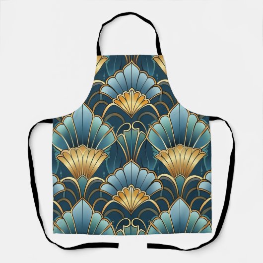 Blauwgroen gouden art deco patroon schort (Voorkant)