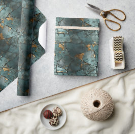 Blauwgroen & Gouden Blad Verdrietig Patinapatroono Cadeaupapier