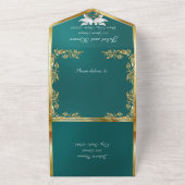 Blauwgroen, gouden bladeren, duiven & hart all in one uitnodiging (Buitenkant)