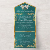 Blauwgroen, gouden bladeren, duiven & hart all in one uitnodiging (Binnen)