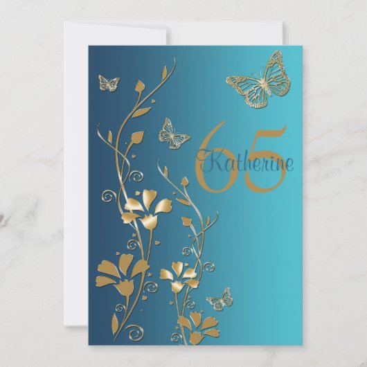 Blauwgroen gouden bloemen & Butterflies 65e uitnod Kaart (Voorkant)