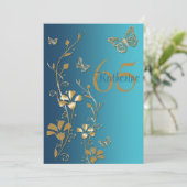 Blauwgroen gouden bloemen & Butterflies 65e uitnod Kaart (Staand voorkant)