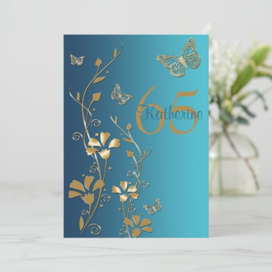 Blauwgroen gouden bloemen & Butterflies 65e uitnod Kaart (Staand voorkant)