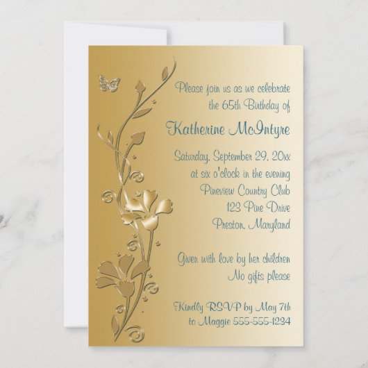Blauwgroen gouden bloemen & Butterflies 65e uitnod Kaart (Achterkant)