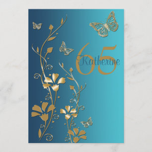 Blauwgroen gouden bloemen & Butterflies 65e uitnod Kaart