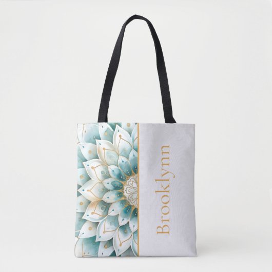 Blauwgroen Gouden Bloemen Mandala gepersonaliseerd Tote Bag (Voorkant)