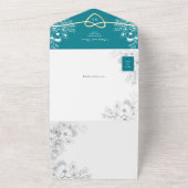 Blauwgroen gouden bloemen monogram bruiloft all in one uitnodiging (Buitenkant)