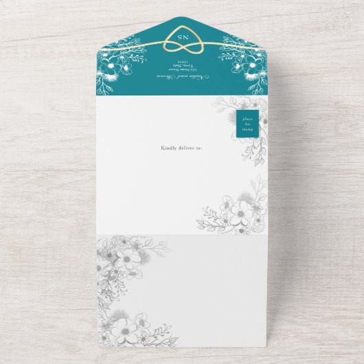 Blauwgroen gouden bloemen monogram bruiloft all in one uitnodiging (Buitenkant)